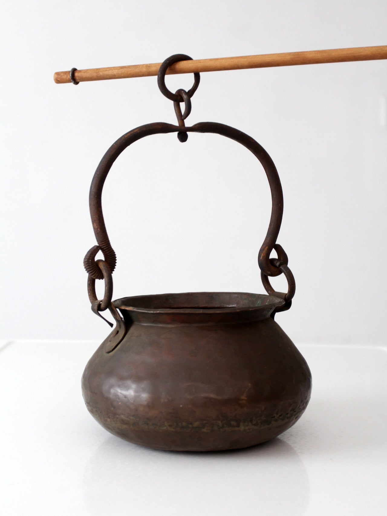 antique hand hammered copper hearth pot with iron handle