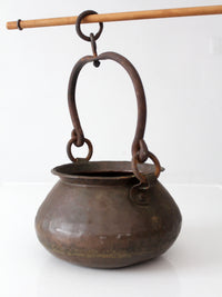 antique hand hammered copper hearth pot with iron handle