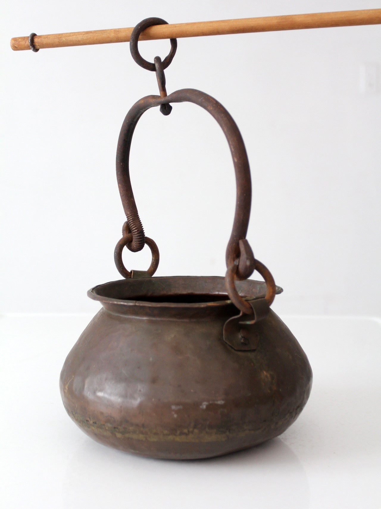 antique hand hammered copper hearth pot with iron handle
