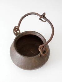 antique hand hammered copper hearth pot with iron handle