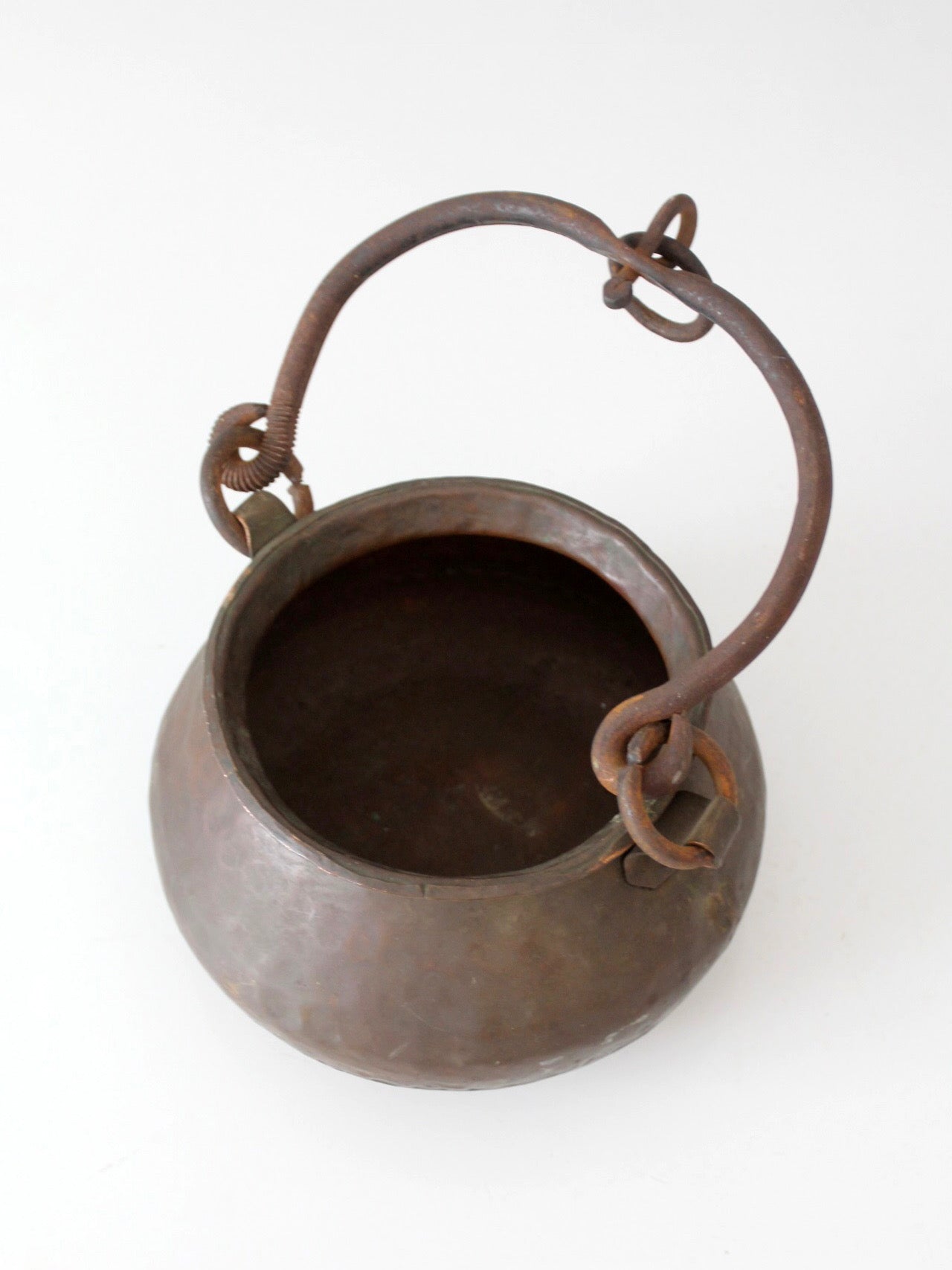 antique hand hammered copper hearth pot with iron handle