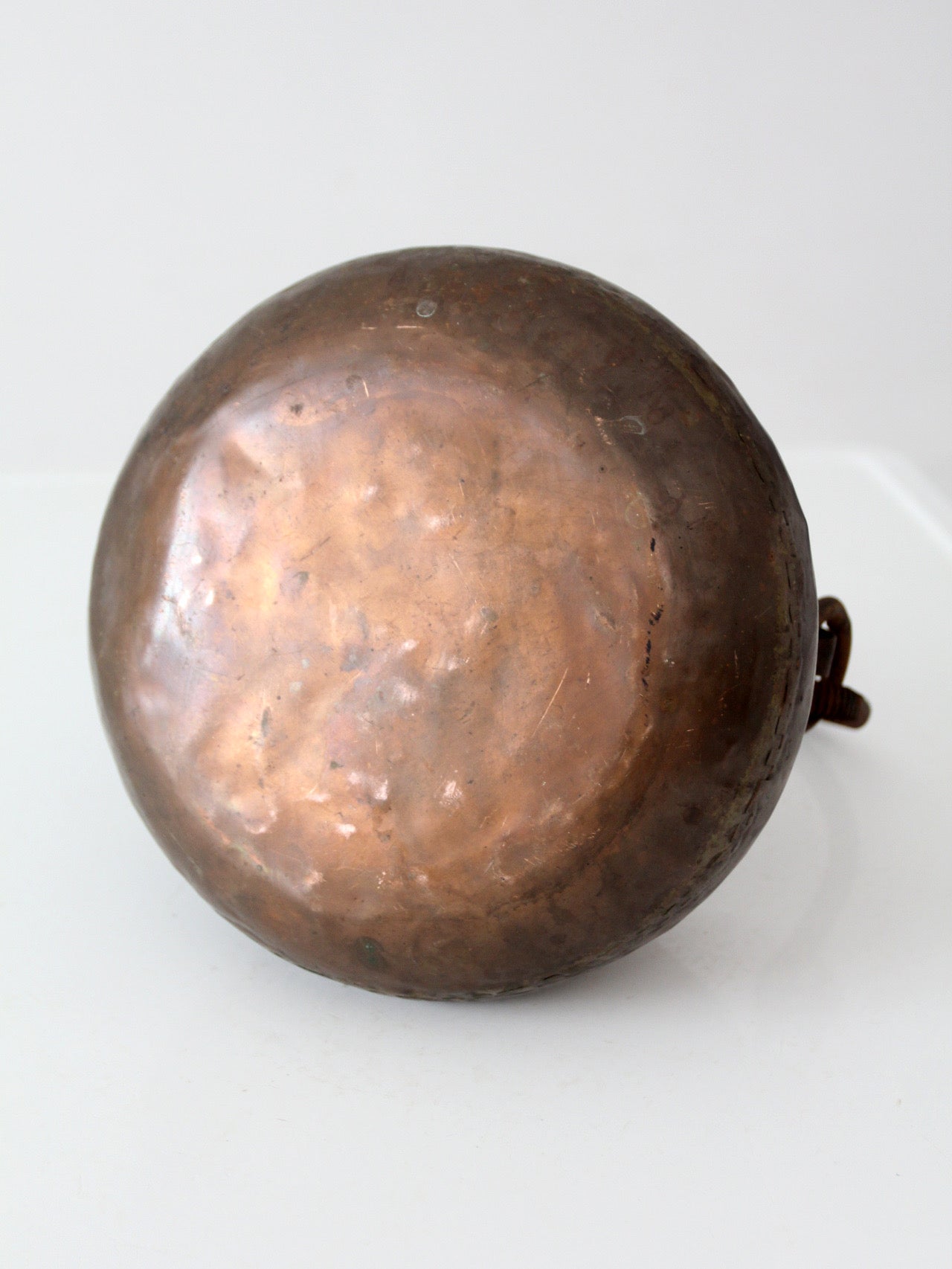 antique hand hammered copper hearth pot with iron handle
