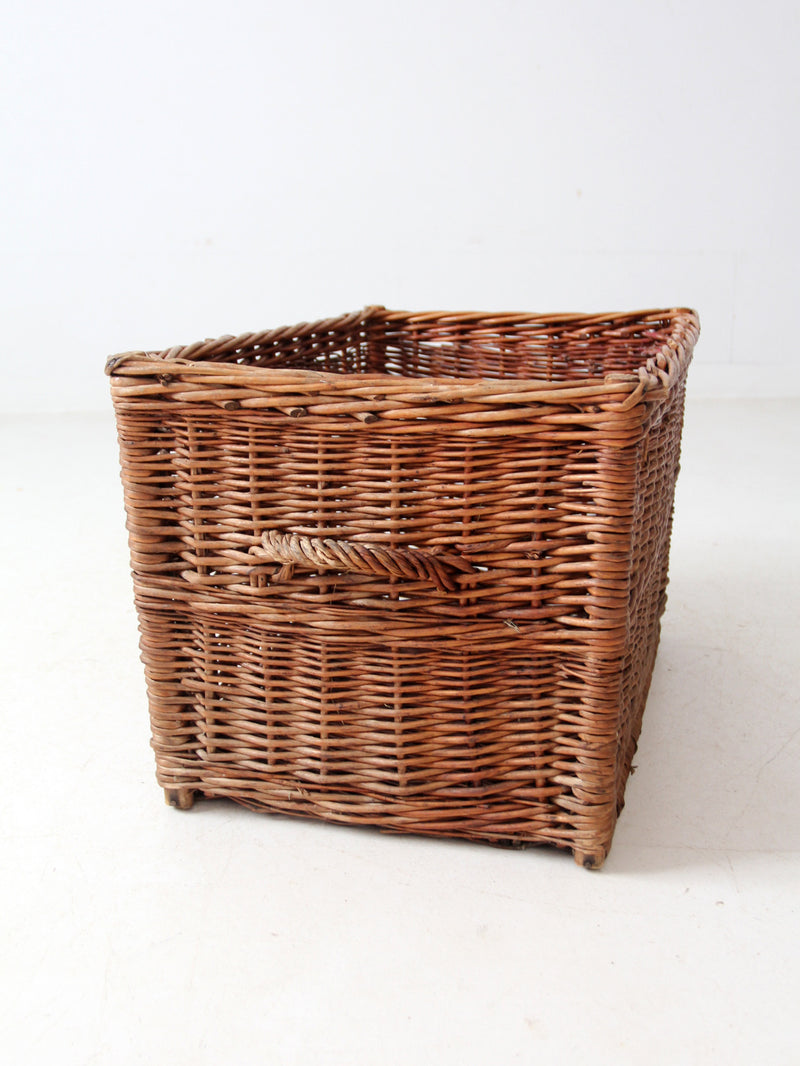 vintage rectangular wicker basket with handles