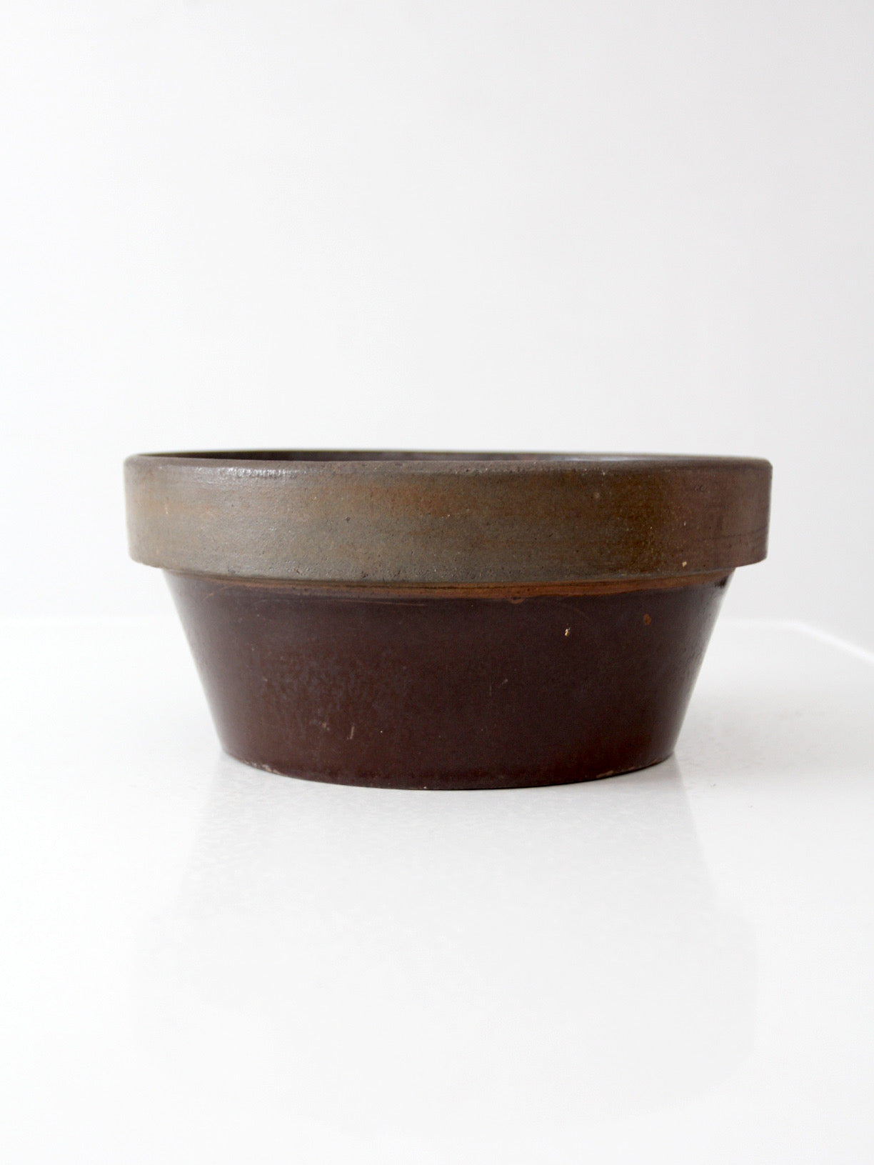 antique American stoneware mixing bowl with brown glaze