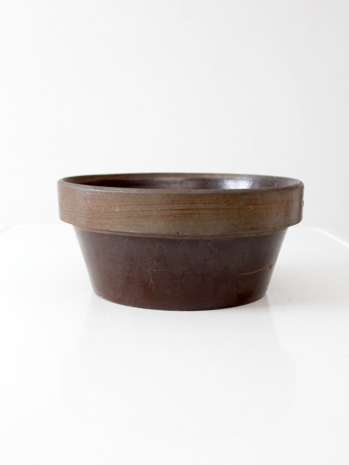 antique American stoneware mixing bowl with brown glaze