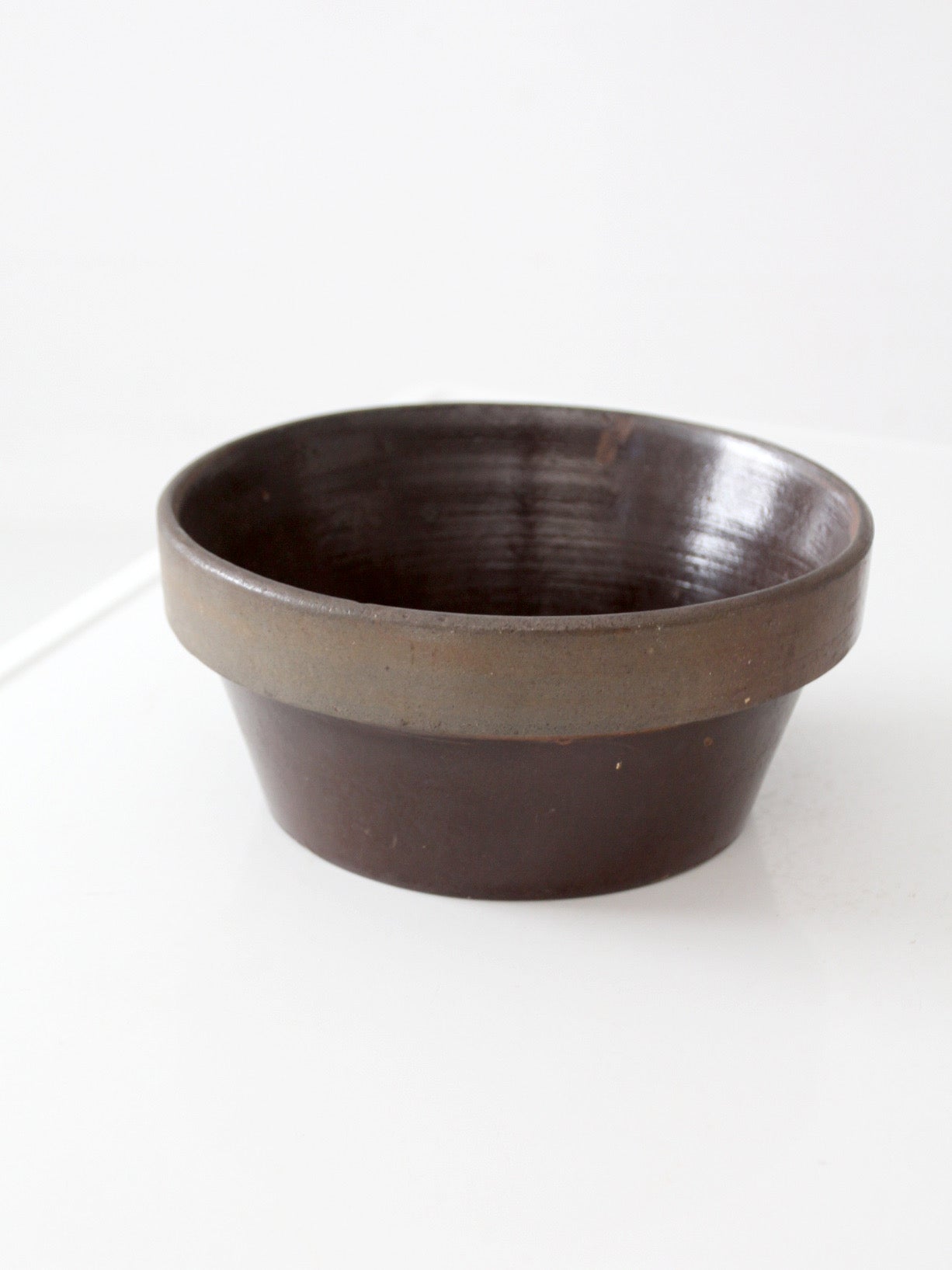 antique American stoneware mixing bowl with brown glaze