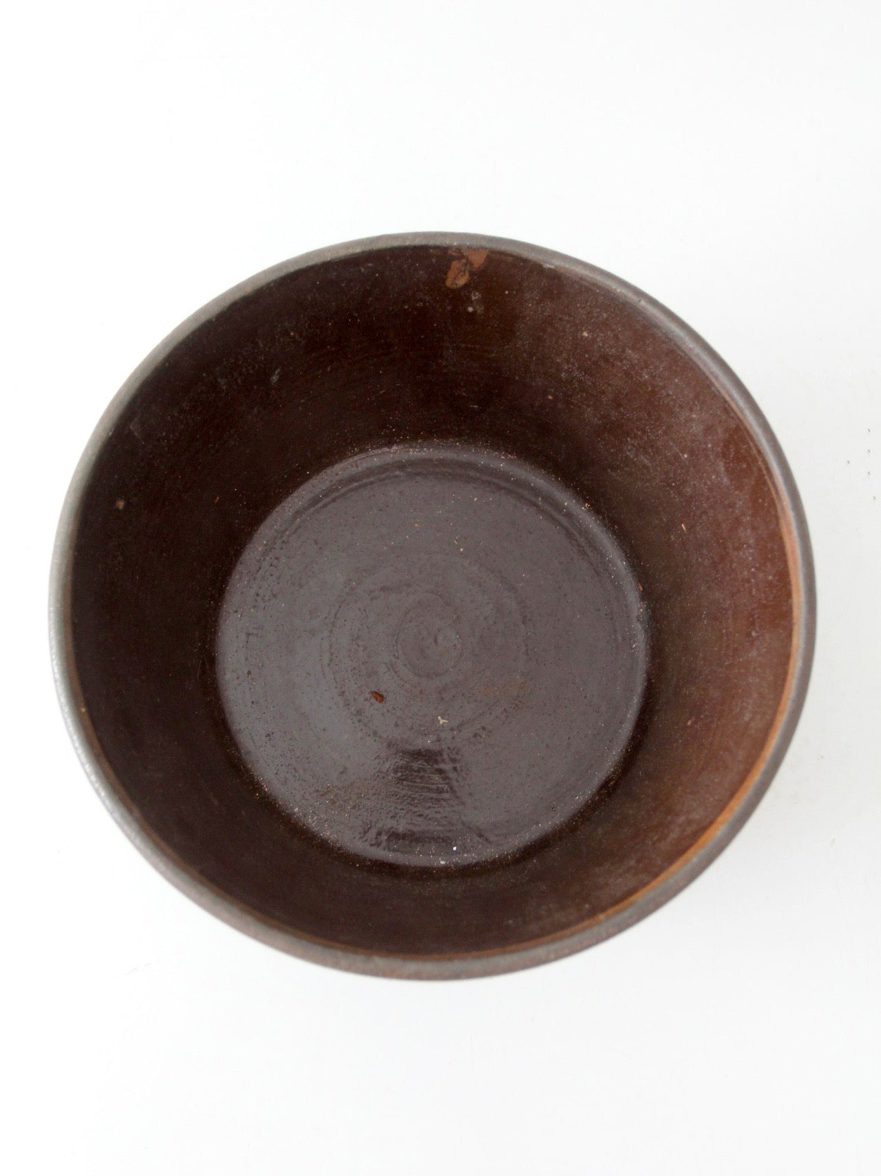 antique American stoneware mixing bowl with brown glaze