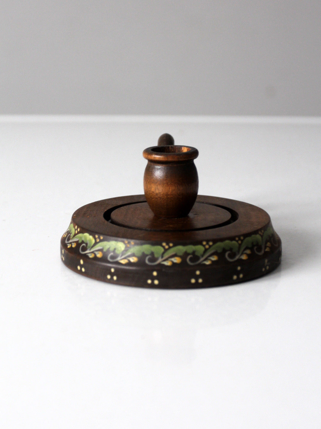 vintage hand-painted wood chamberstick candle holder