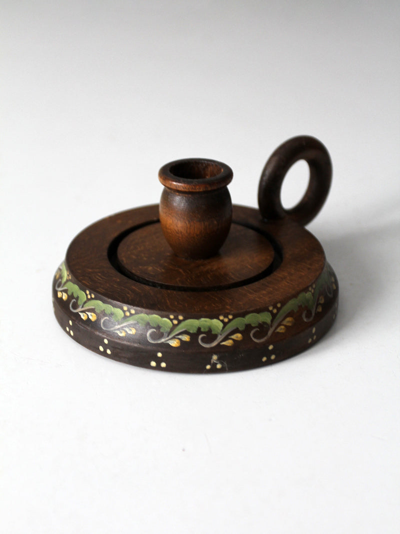 vintage hand-painted wood chamberstick candle holder