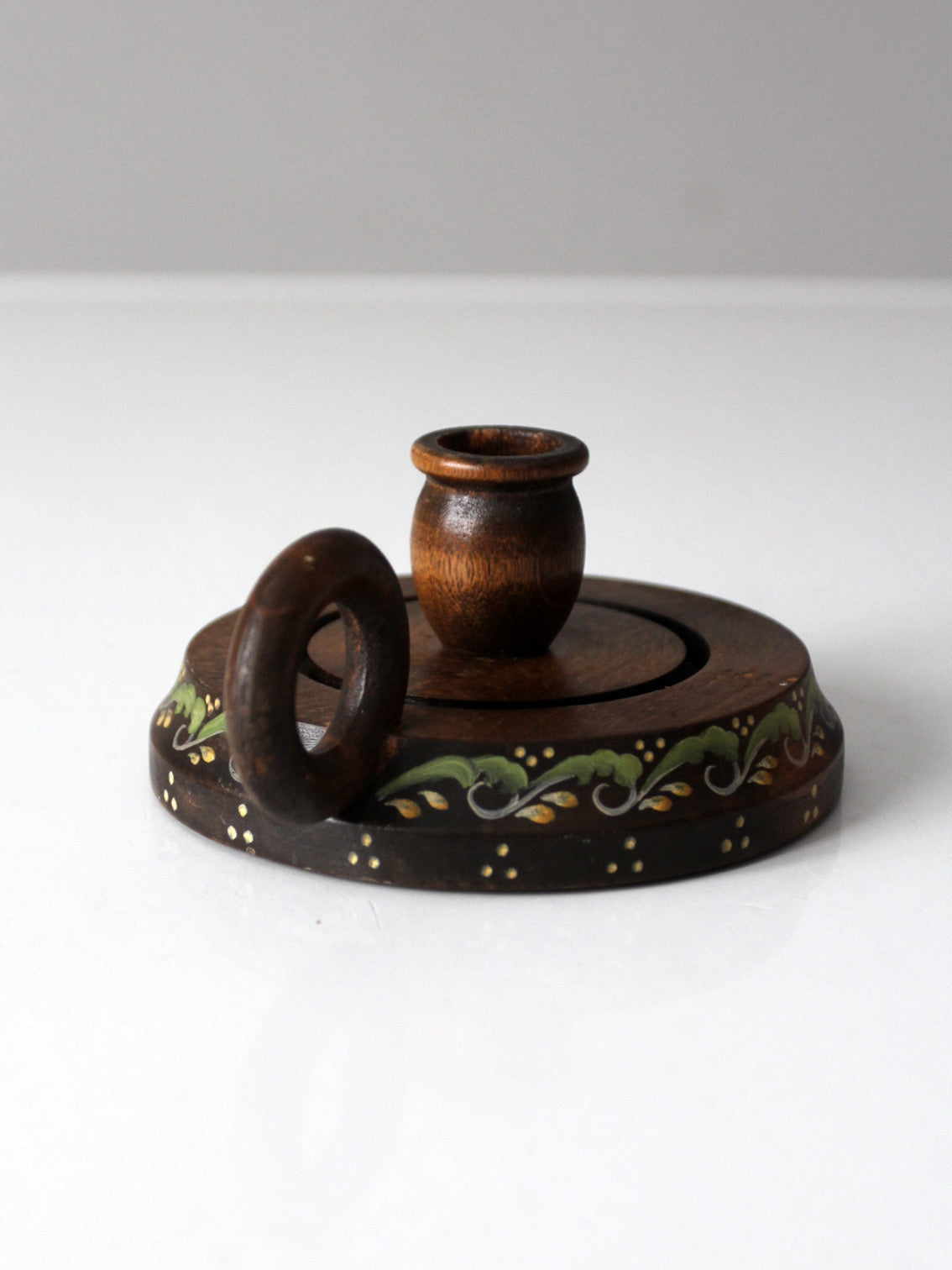 vintage hand-painted wood chamberstick candle holder