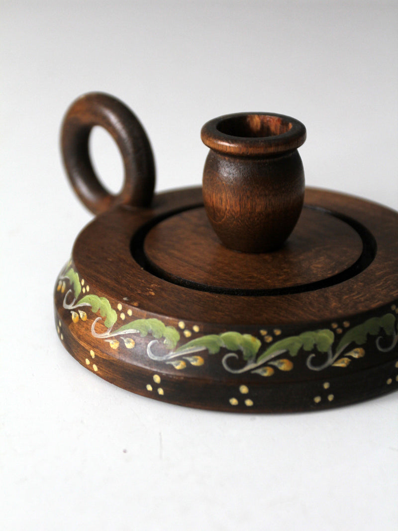 vintage hand-painted wood chamberstick candle holder