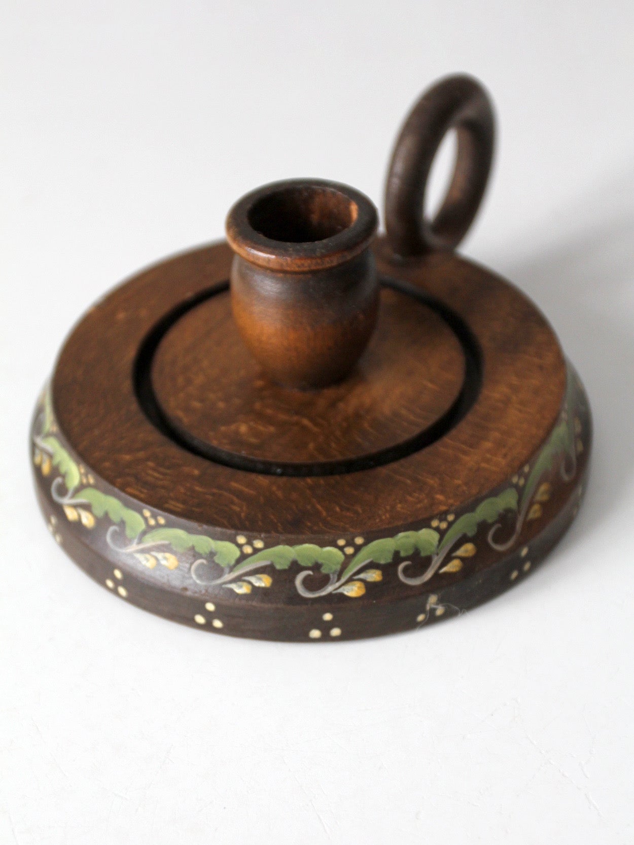 vintage hand-painted wood chamberstick candle holder