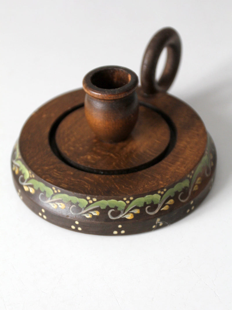 vintage hand-painted wood chamberstick candle holder