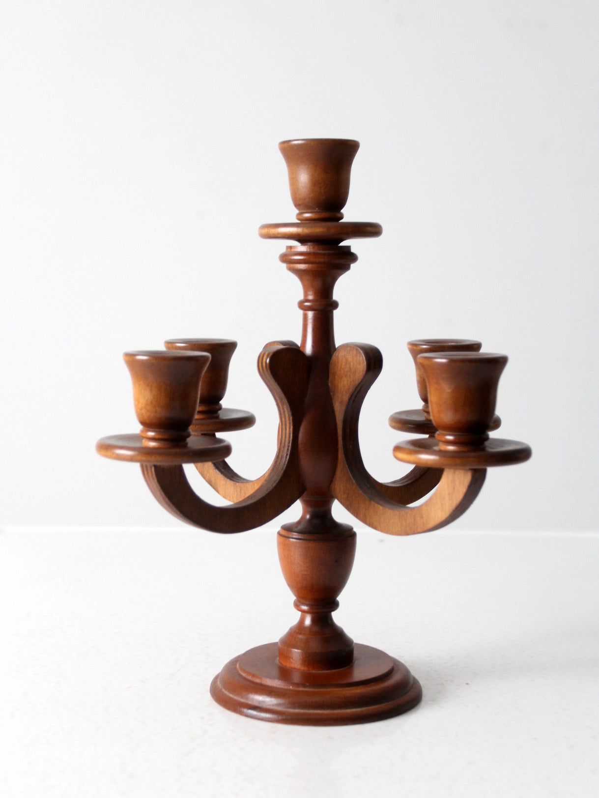 mid century turned wood candelabra