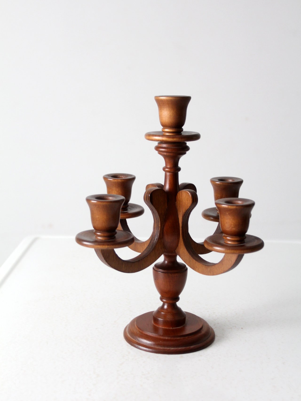 mid century turned wood candelabra