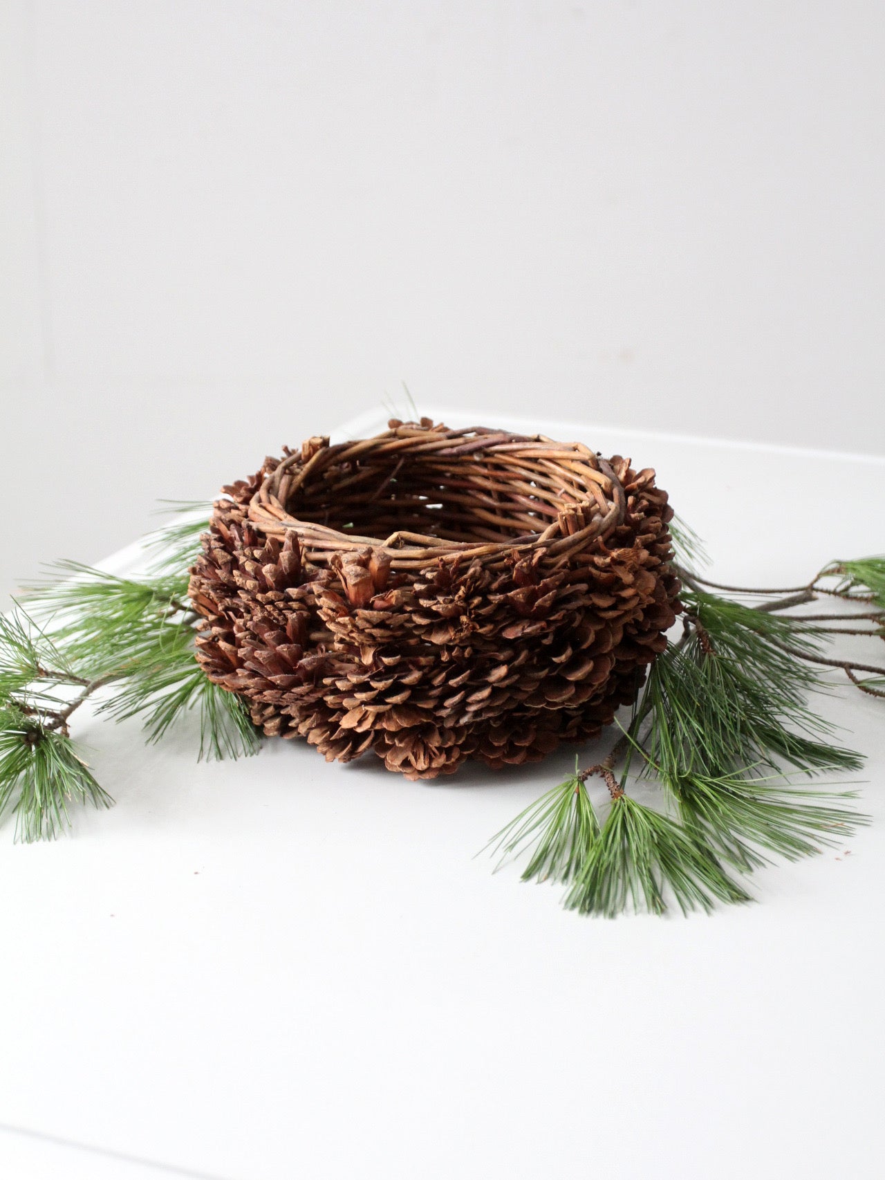 vintage handmade pinecone basket