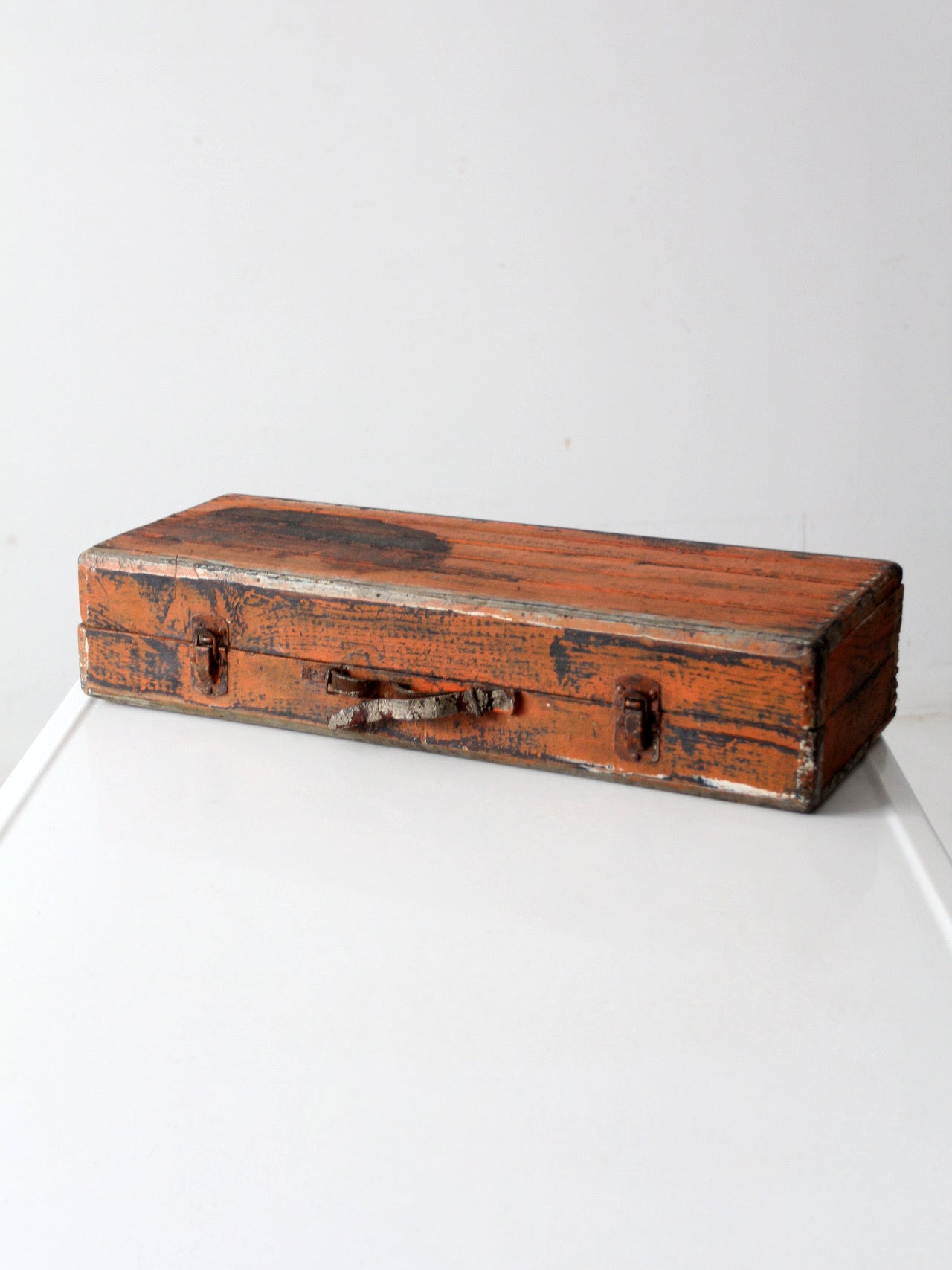 vintage orange wooden tool box