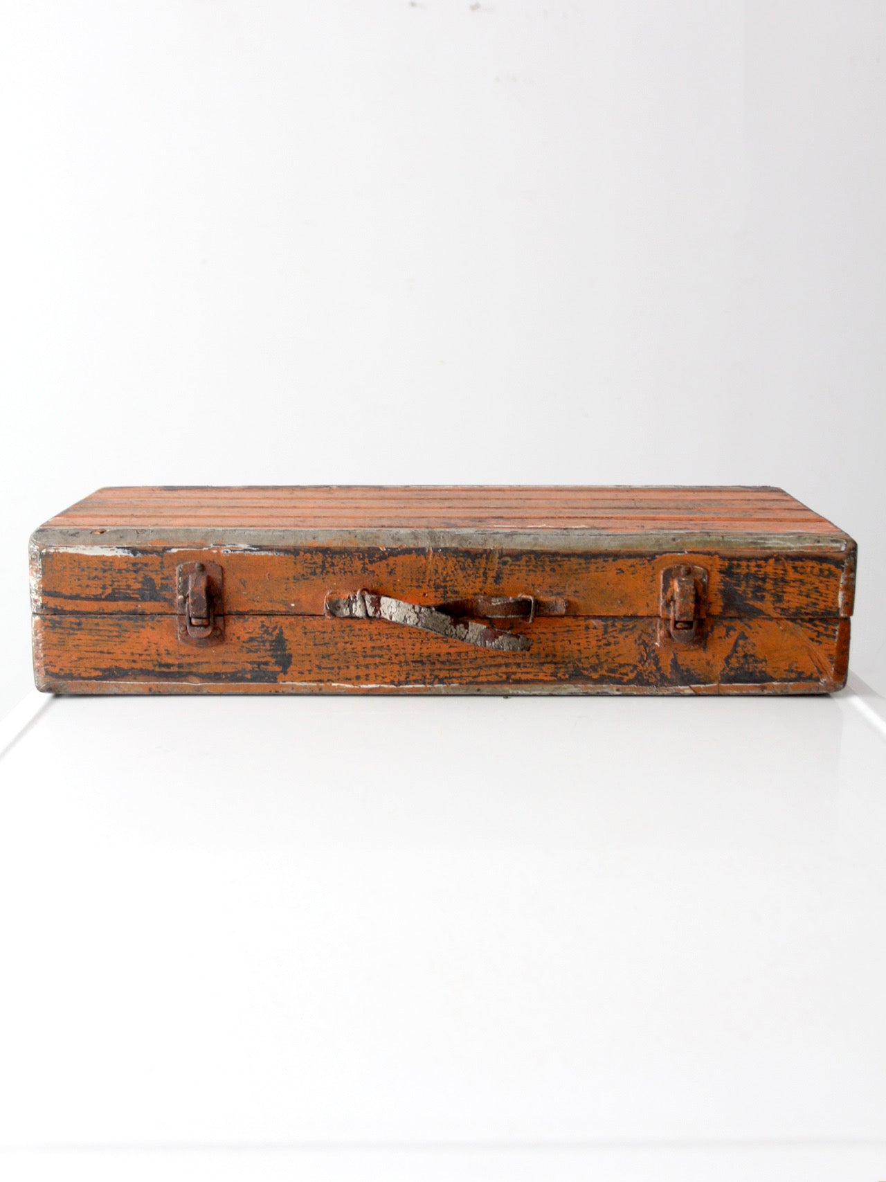 vintage orange wooden tool box