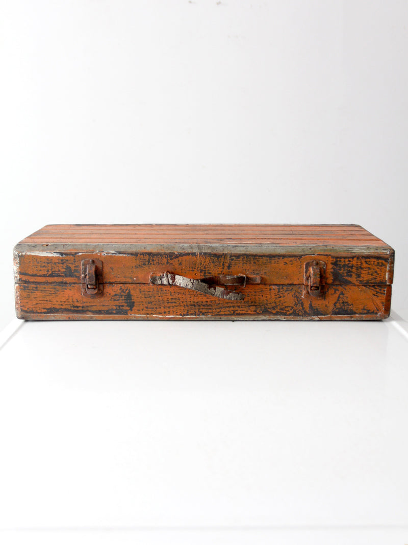 vintage orange wooden tool box