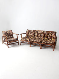 mid century Calif-Asia rattan section couch and lounge chair set