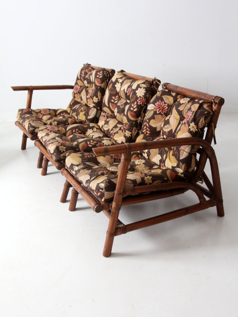 mid century Calif-Asia rattan section couch and lounge chair set