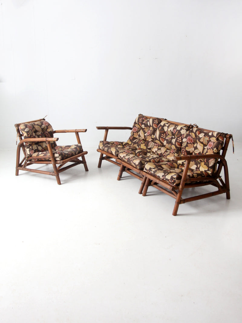 mid century Calif-Asia rattan section couch and lounge chair set