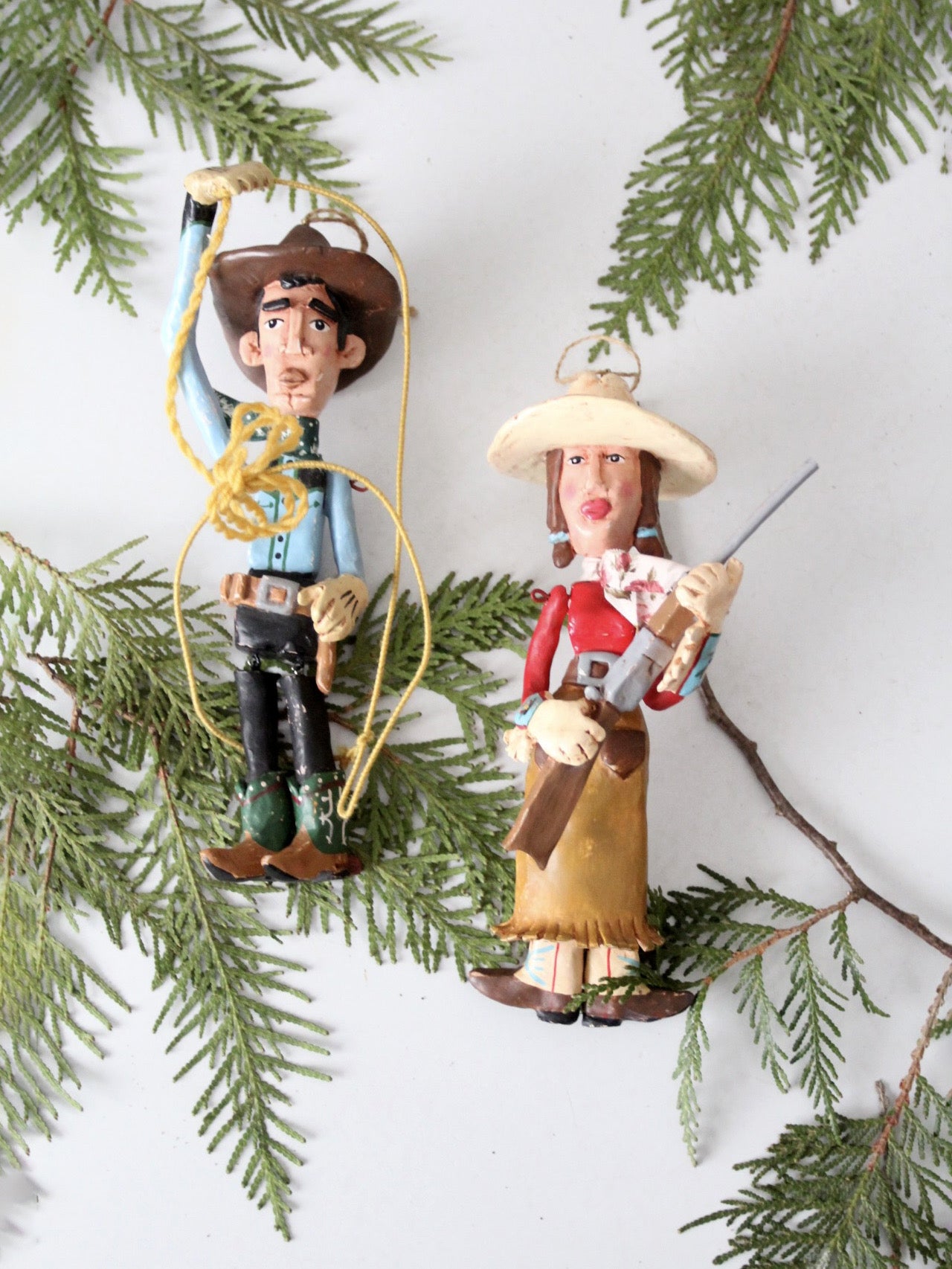 pair vintage Seasons of Cannon Falls cowboy & cowgirl ornaments