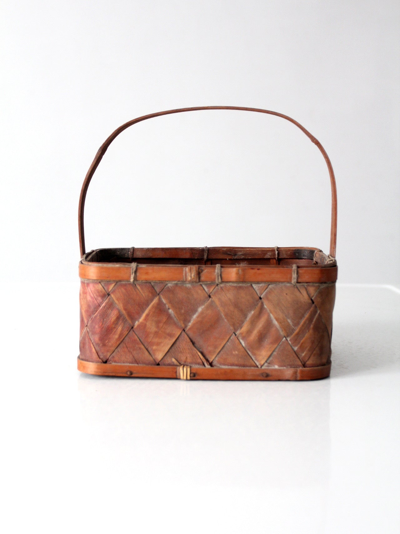 vintage woven splint basket with bentwood handle