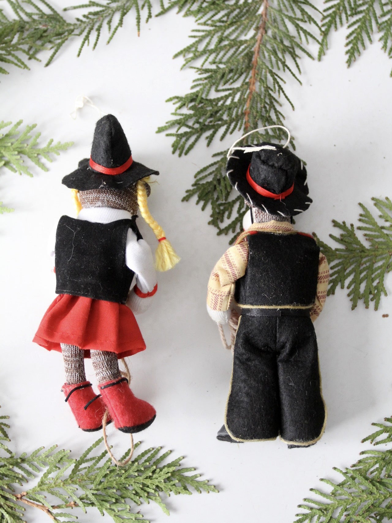 vintage cowboy and cowgirl sock monkey ornament pair