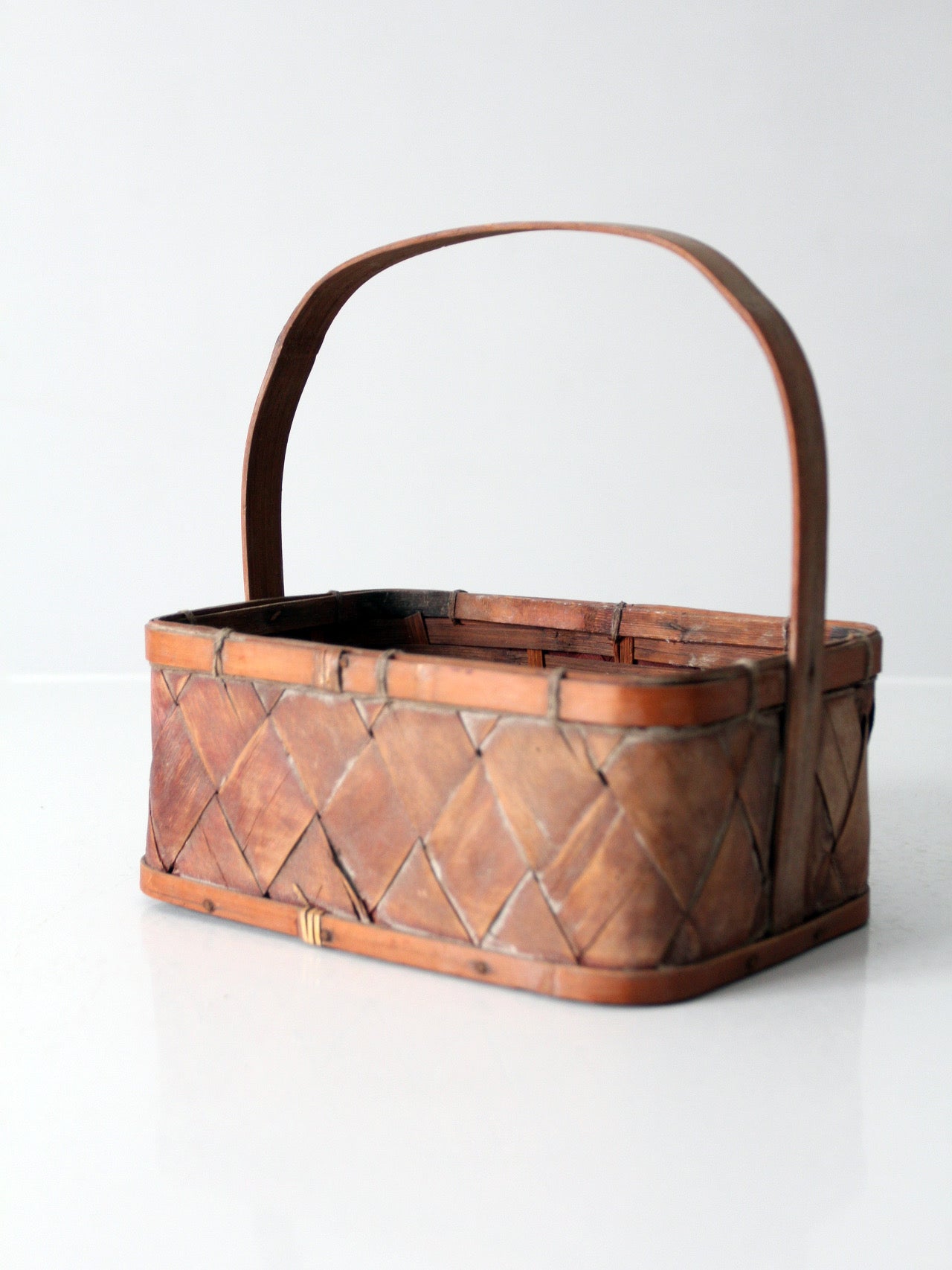 vintage woven splint basket with bentwood handle