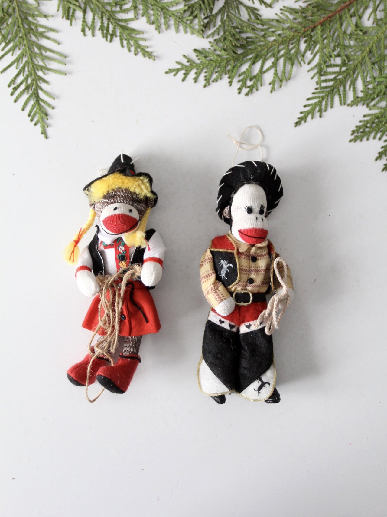 vintage cowboy and cowgirl sock monkey ornament pair