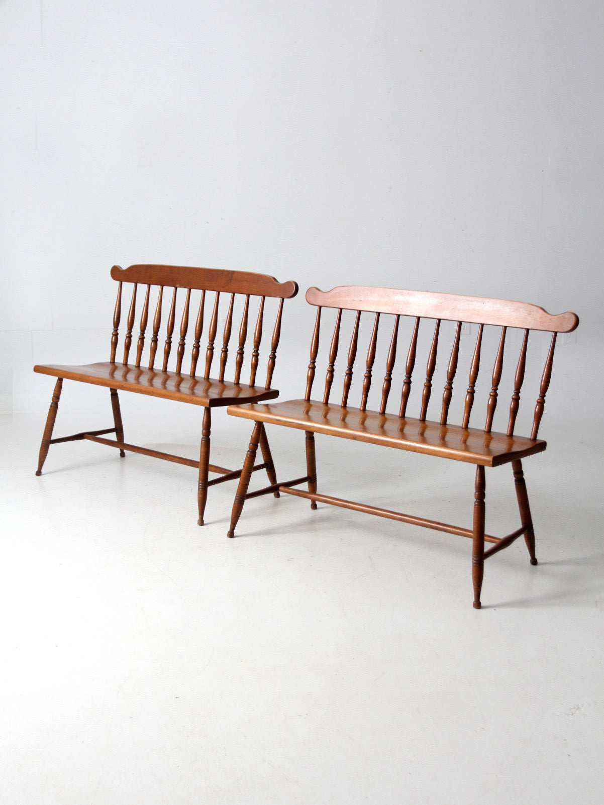 pair of mid-century colonial revival maple benches by Sprague & Carleton