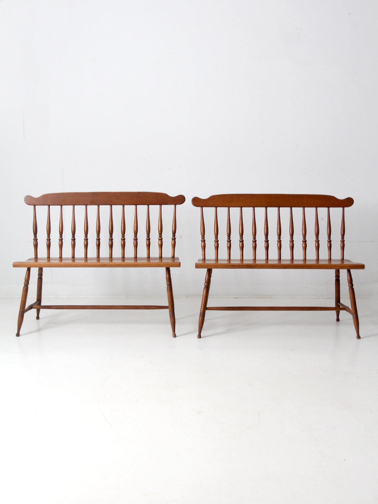 pair of mid-century colonial revival maple benches by Sprague & Carleton