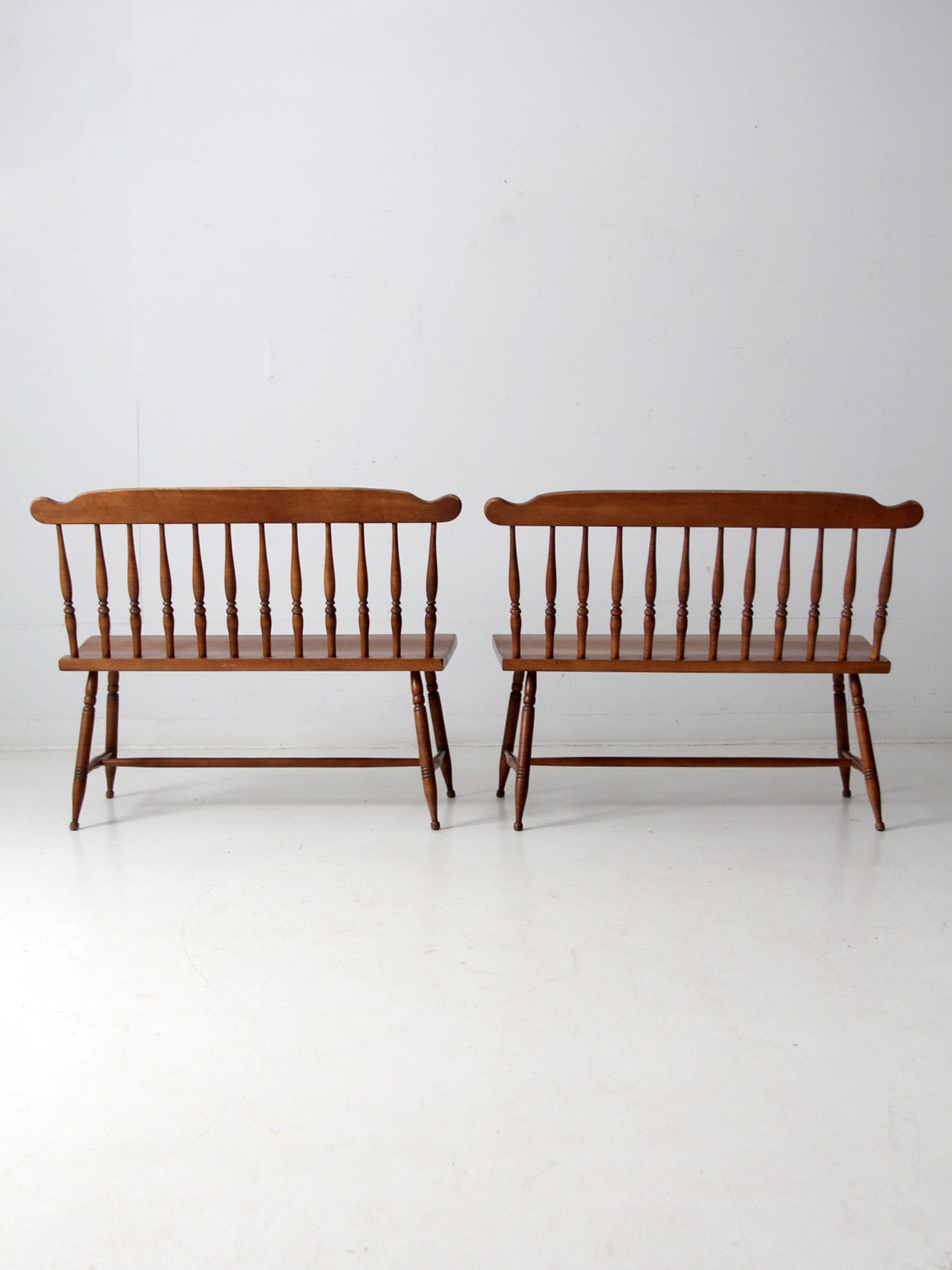 pair of mid-century colonial revival maple benches by Sprague & Carleton