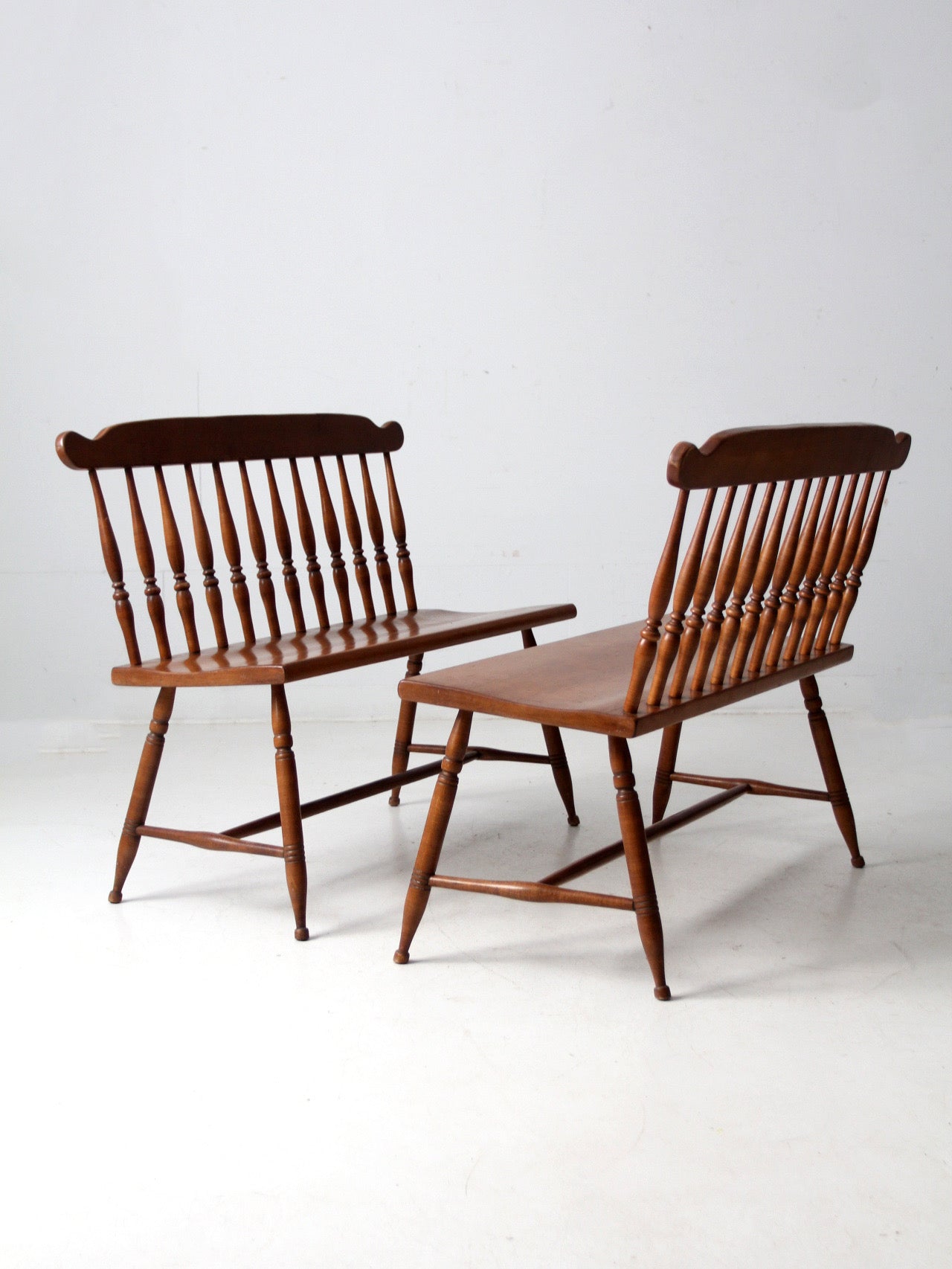 pair of mid-century colonial revival maple benches by Sprague & Carleton