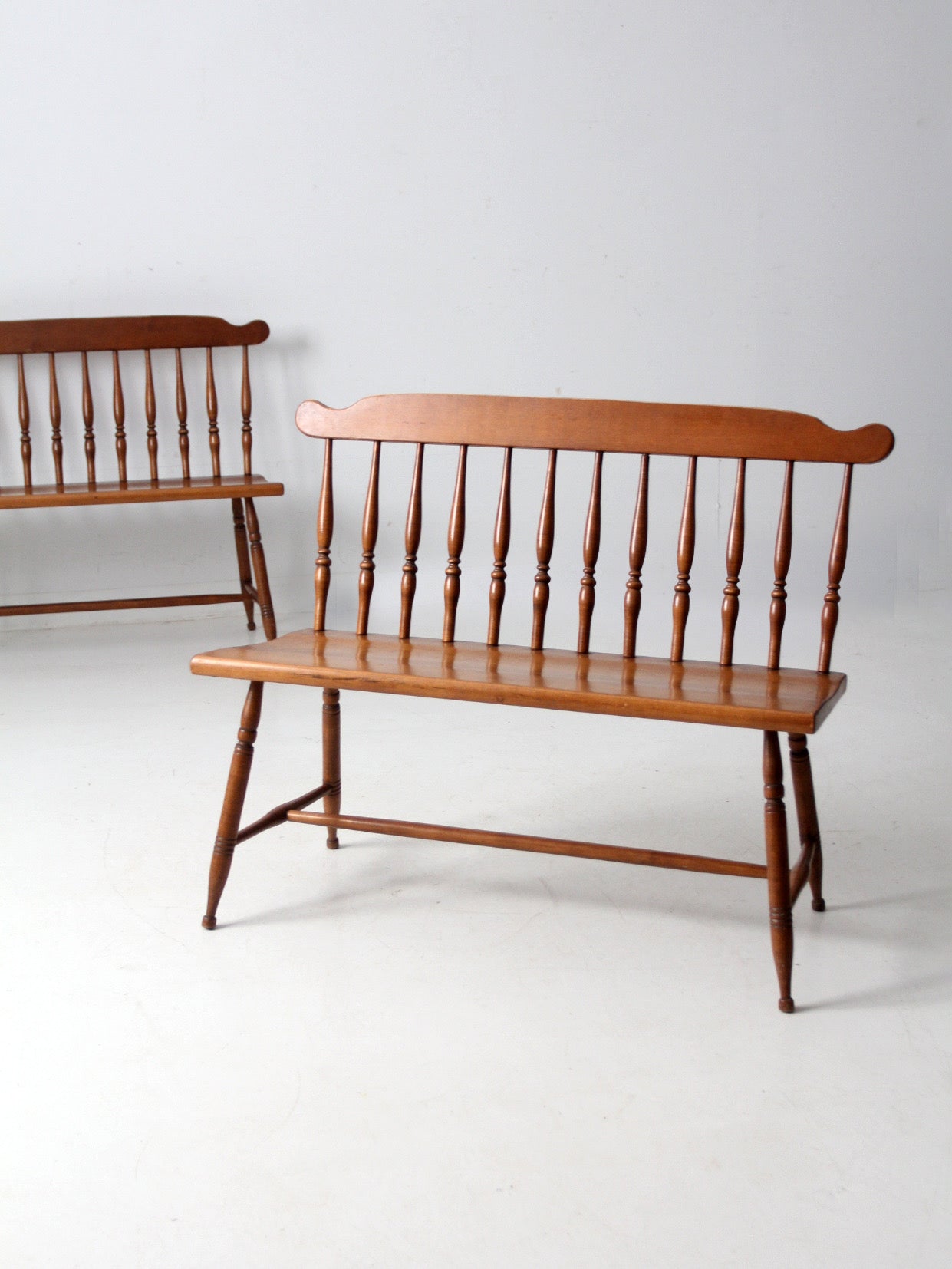 pair of mid-century colonial revival maple benches by Sprague & Carleton