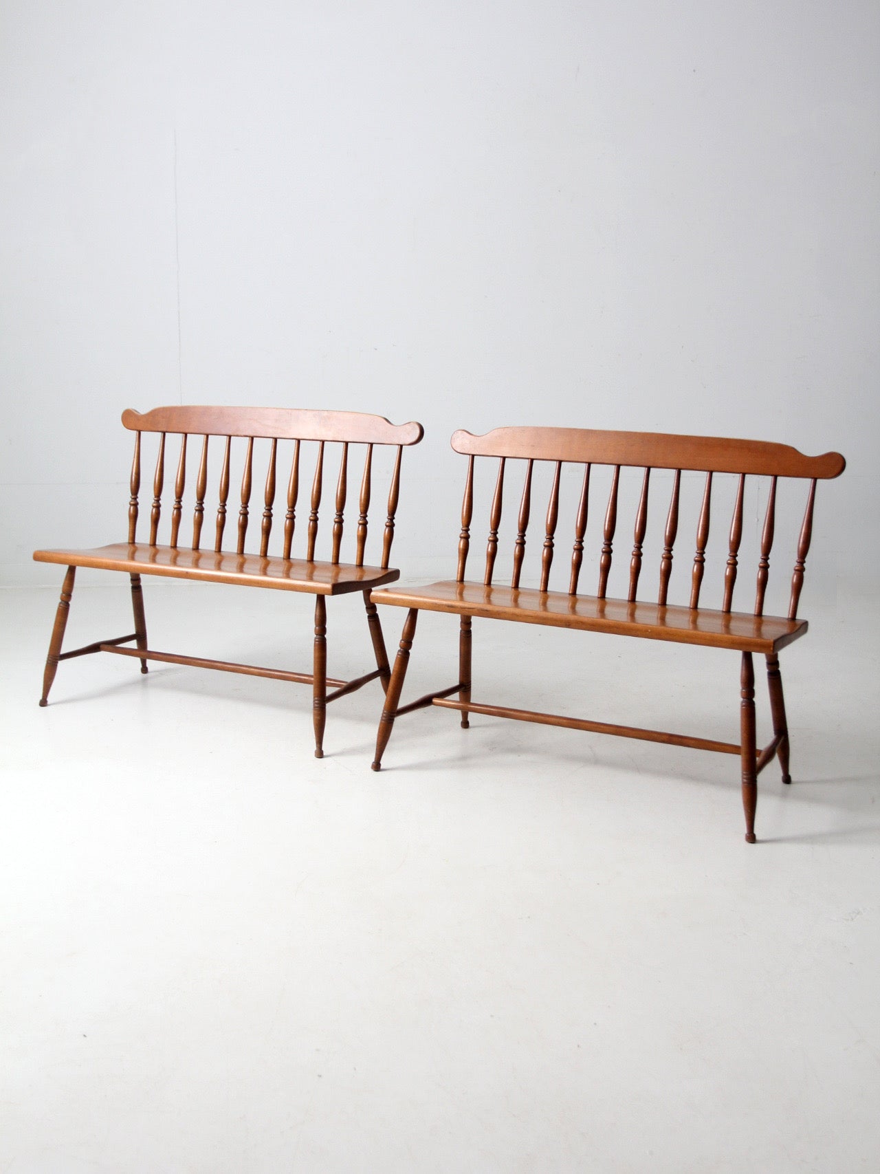 pair of mid-century colonial revival maple benches by Sprague & Carleton