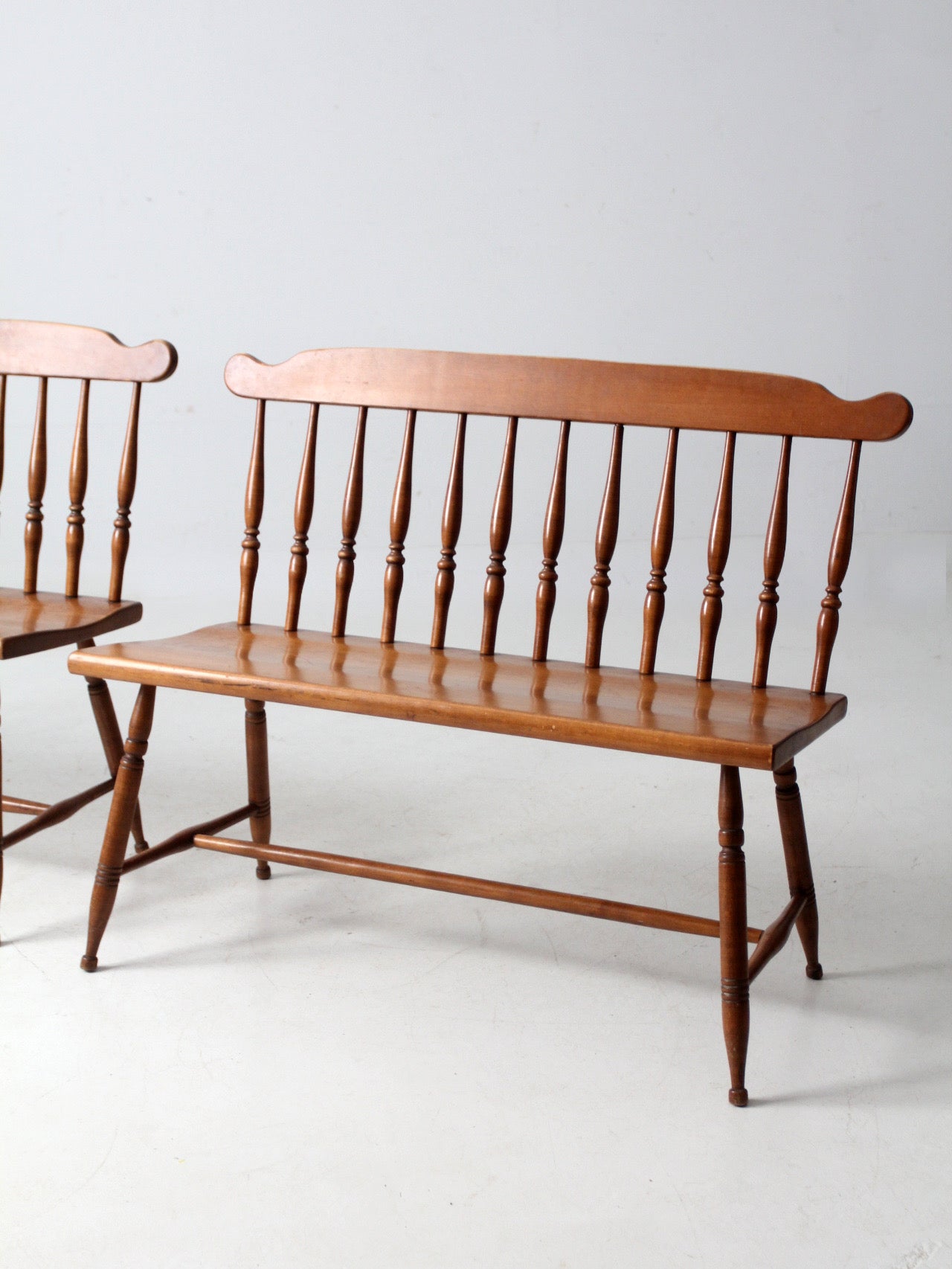 pair of mid-century colonial revival maple benches by Sprague & Carleton