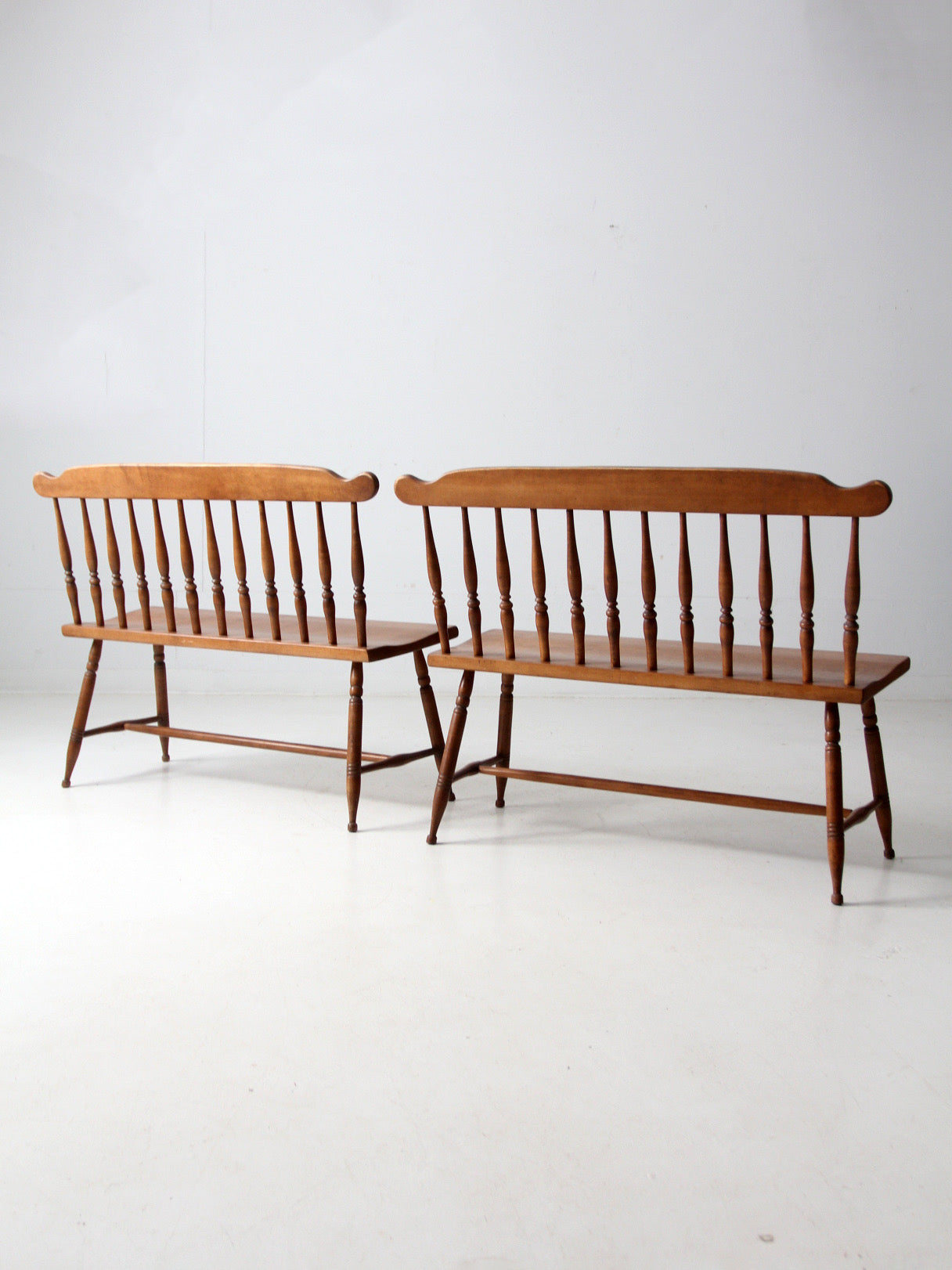 pair of mid-century colonial revival maple benches by Sprague & Carleton