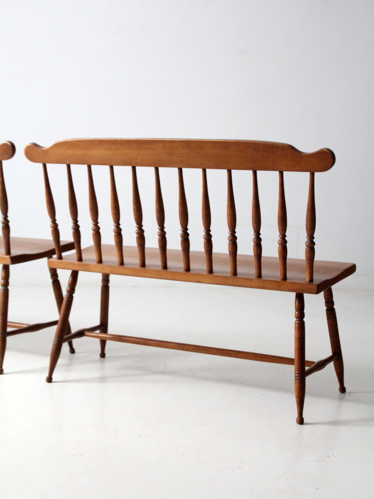 pair of mid-century colonial revival maple benches by Sprague & Carleton
