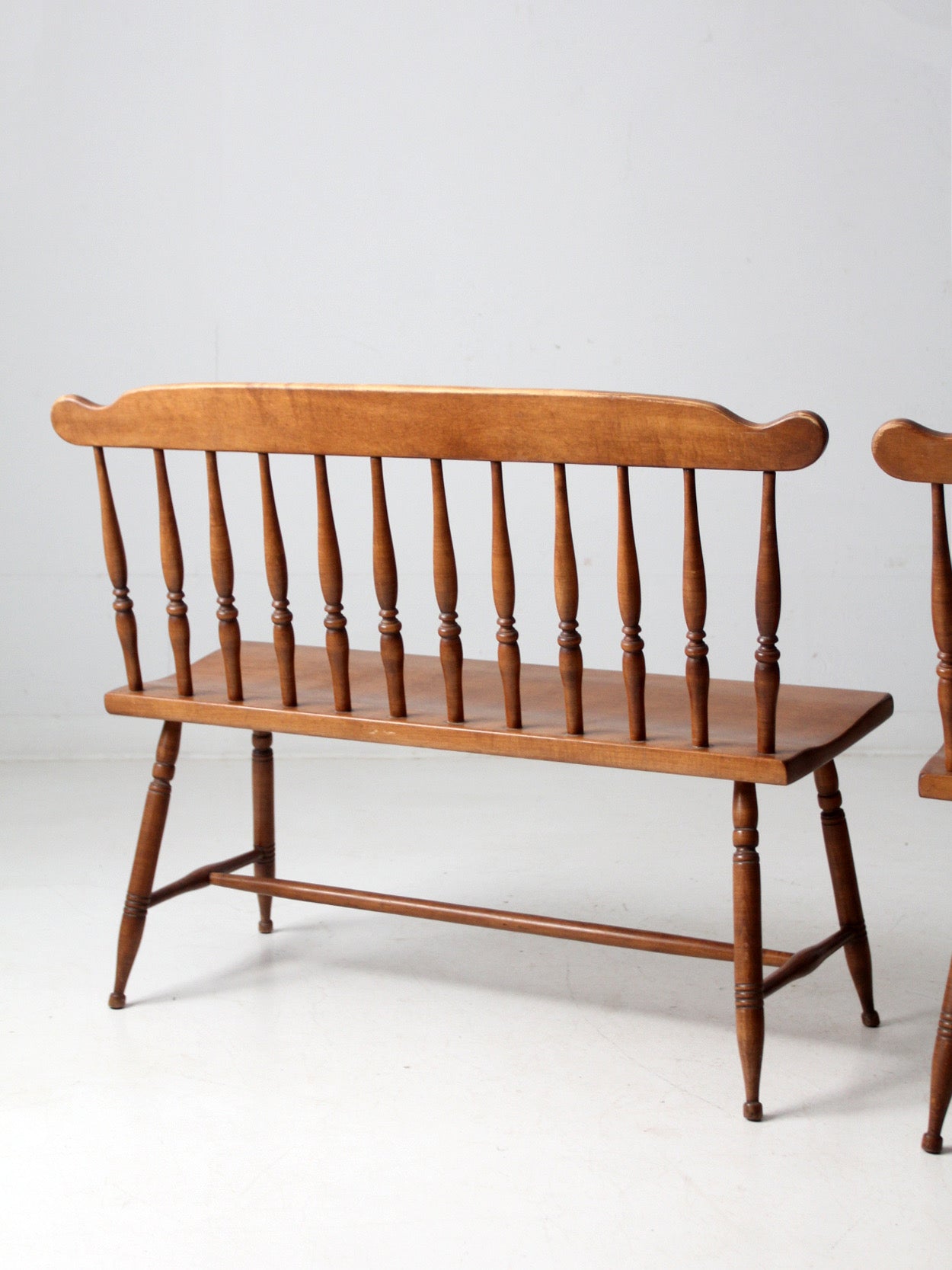 pair of mid-century colonial revival maple benches by Sprague & Carleton