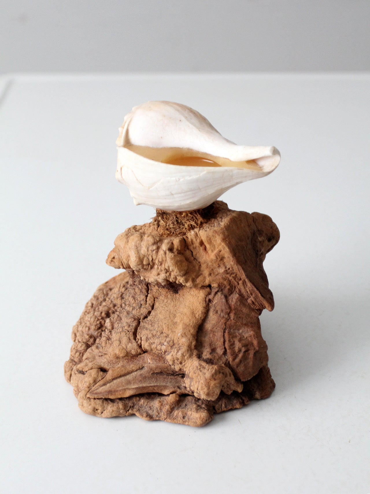 mid-century burl wood shell candle sculpture