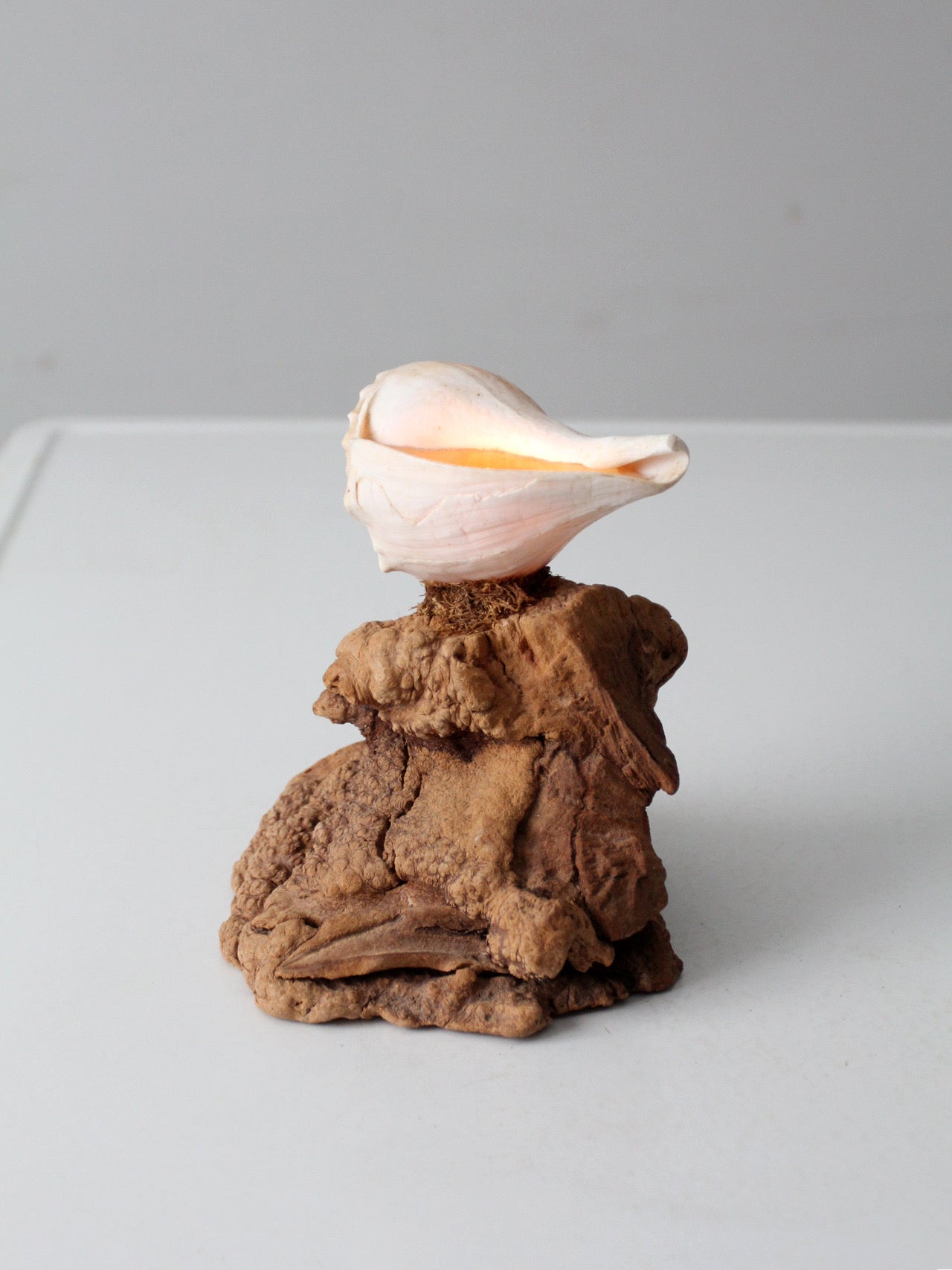 mid-century burl wood shell candle sculpture