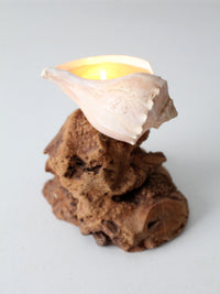 mid-century burl wood shell candle sculpture