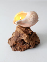 mid-century burl wood shell candle sculpture