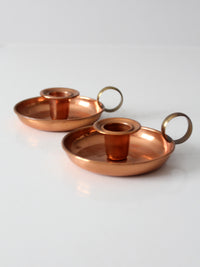 pair of vintage copper and brass chamberstick candlesticks