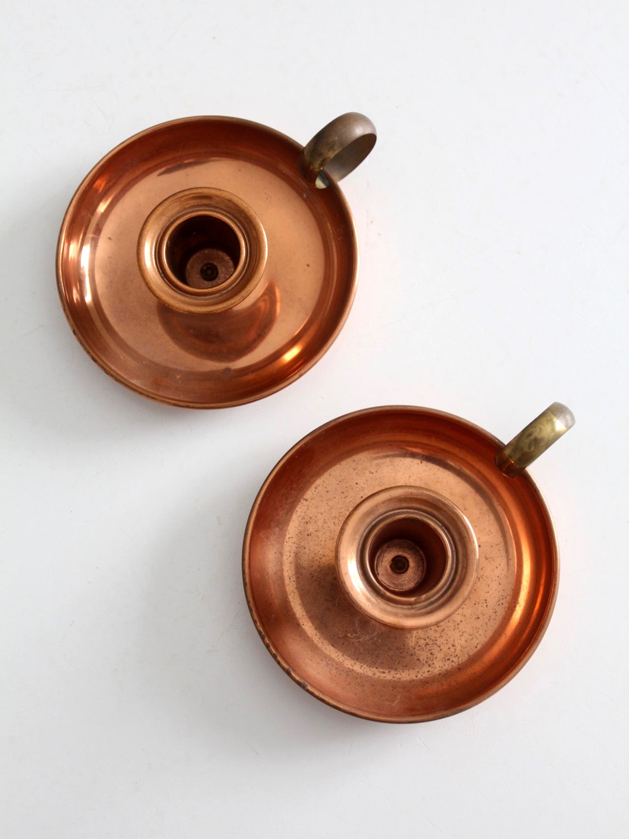 pair of vintage copper and brass chamberstick candlesticks