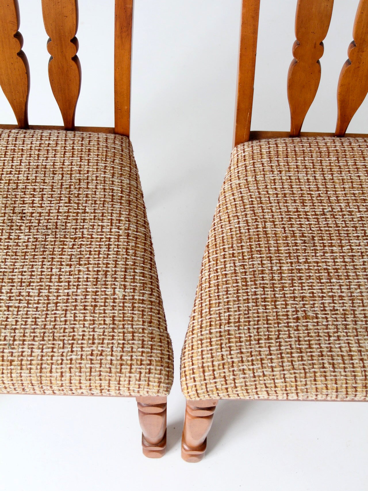 pair of mid-century Singer Furniture wood dining chairs with upholstered seats