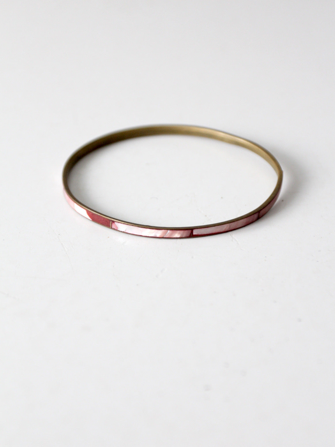 1970s pink shell inlay brass bangle bracelet