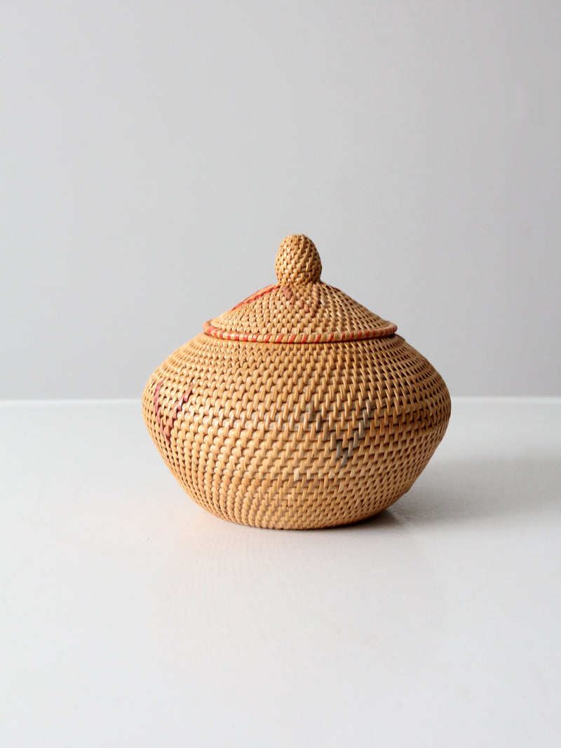 vintage rattan woven basket with lid